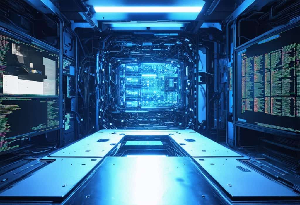 양쪽에 코드 화면이 있고 중앙에 빛나는 회로 기판이 있는 청색 조명의 미래형 데이터 센터 터널 내부