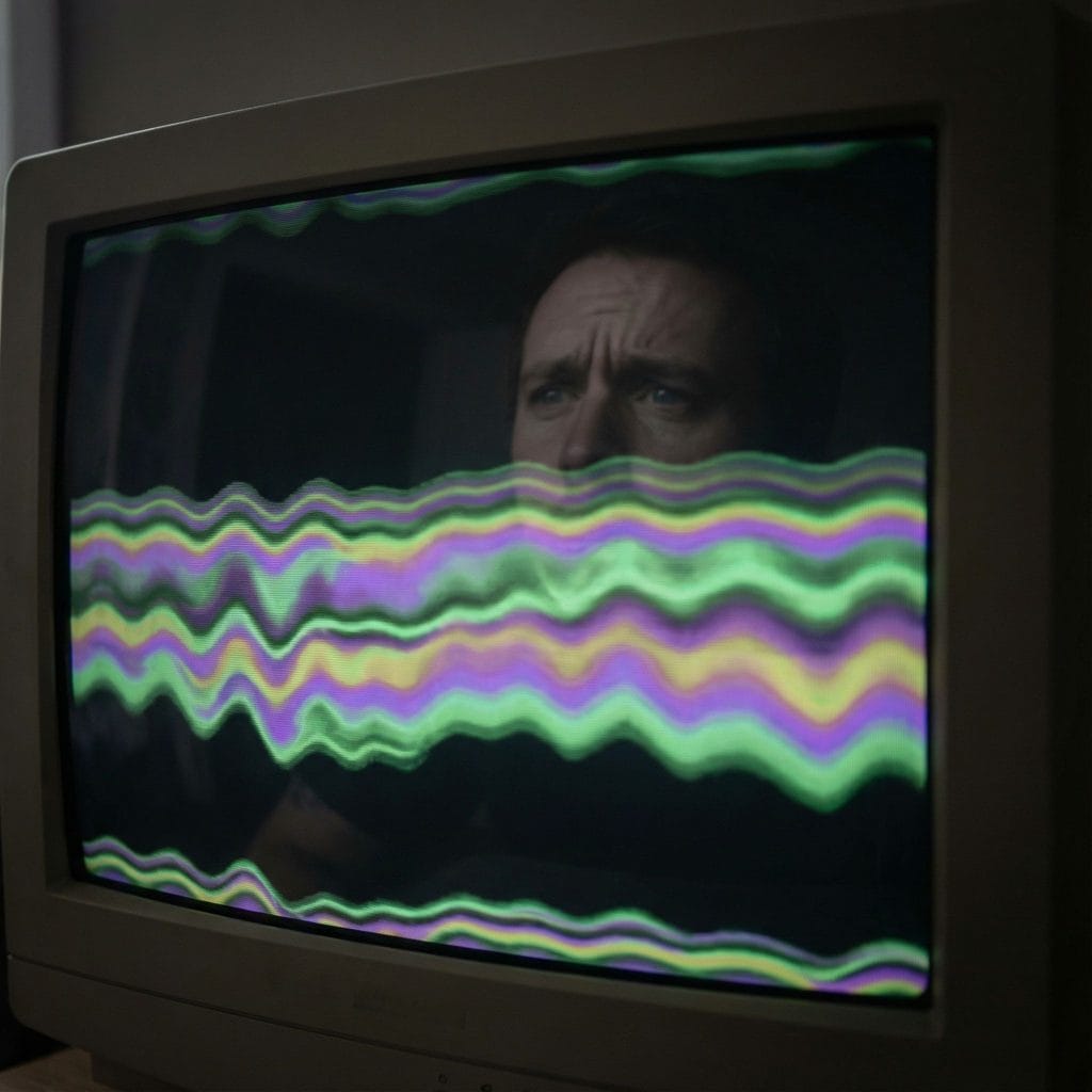 컴퓨터 화면에 일그러진 부자연스러운 색상 띠가 가득 차 있고, 그 위에 사람의 걱정스러운 얼굴이 희미하게 비친 모습이다.