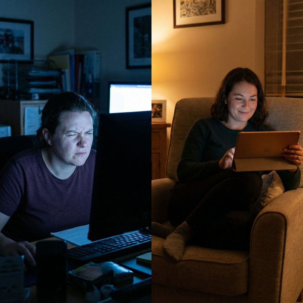 밝은 컴퓨터 화면을 야간에 째려보는 사람과 어두운 방에서 따뜻한 톤의 편안한 화면을 보는 사람이 대비되는 모습이다.