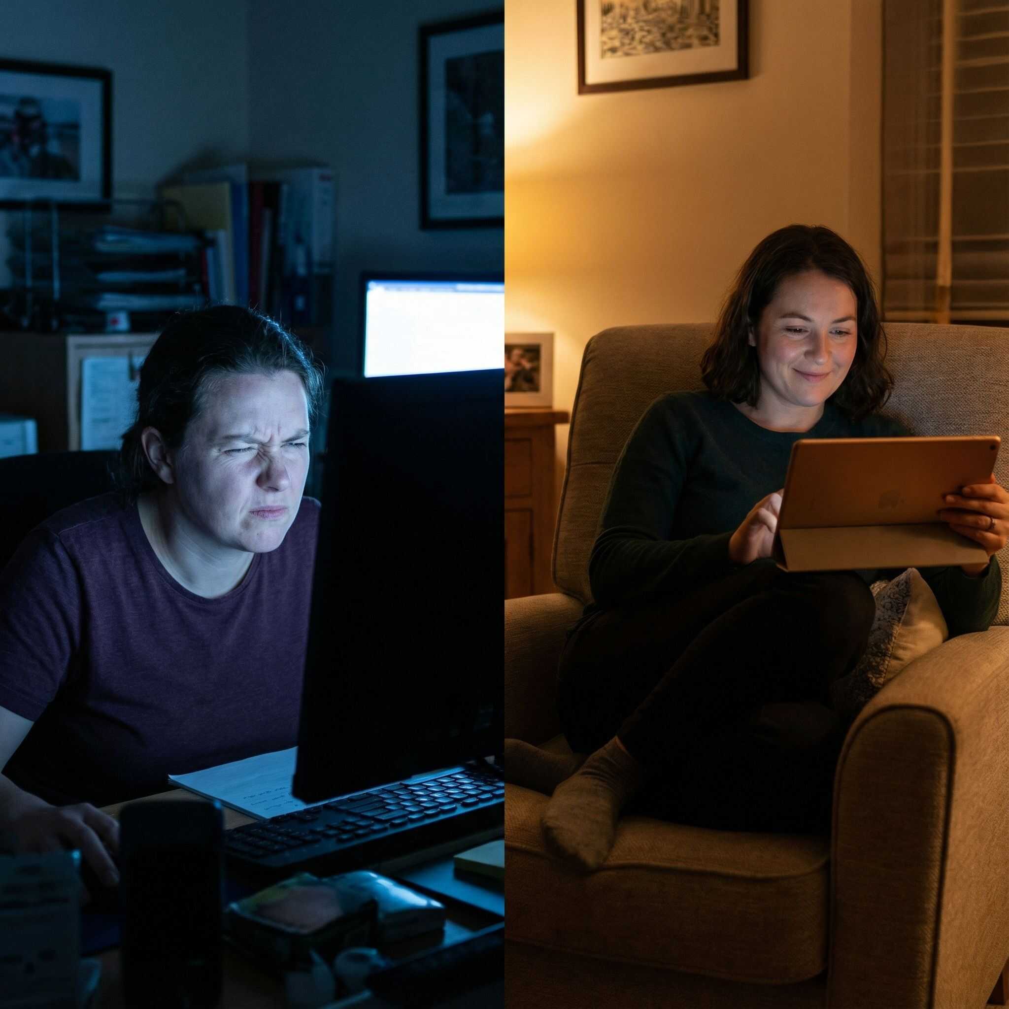 밝은 컴퓨터 화면을 야간에 째려보는 사람과 어두운 방에서 따뜻한 톤의 편안한 화면을 보는 사람이 대비되는 모습이다.