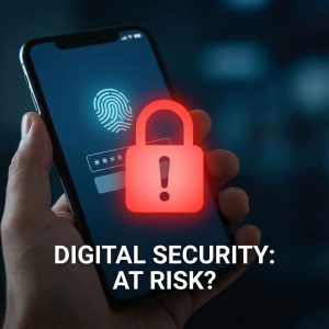 스마트폰 화면에 비춰진 지문 스캔과 암호 입력창 위로 빨간색 경고 표시가 겹쳐 보이는 모습이다.