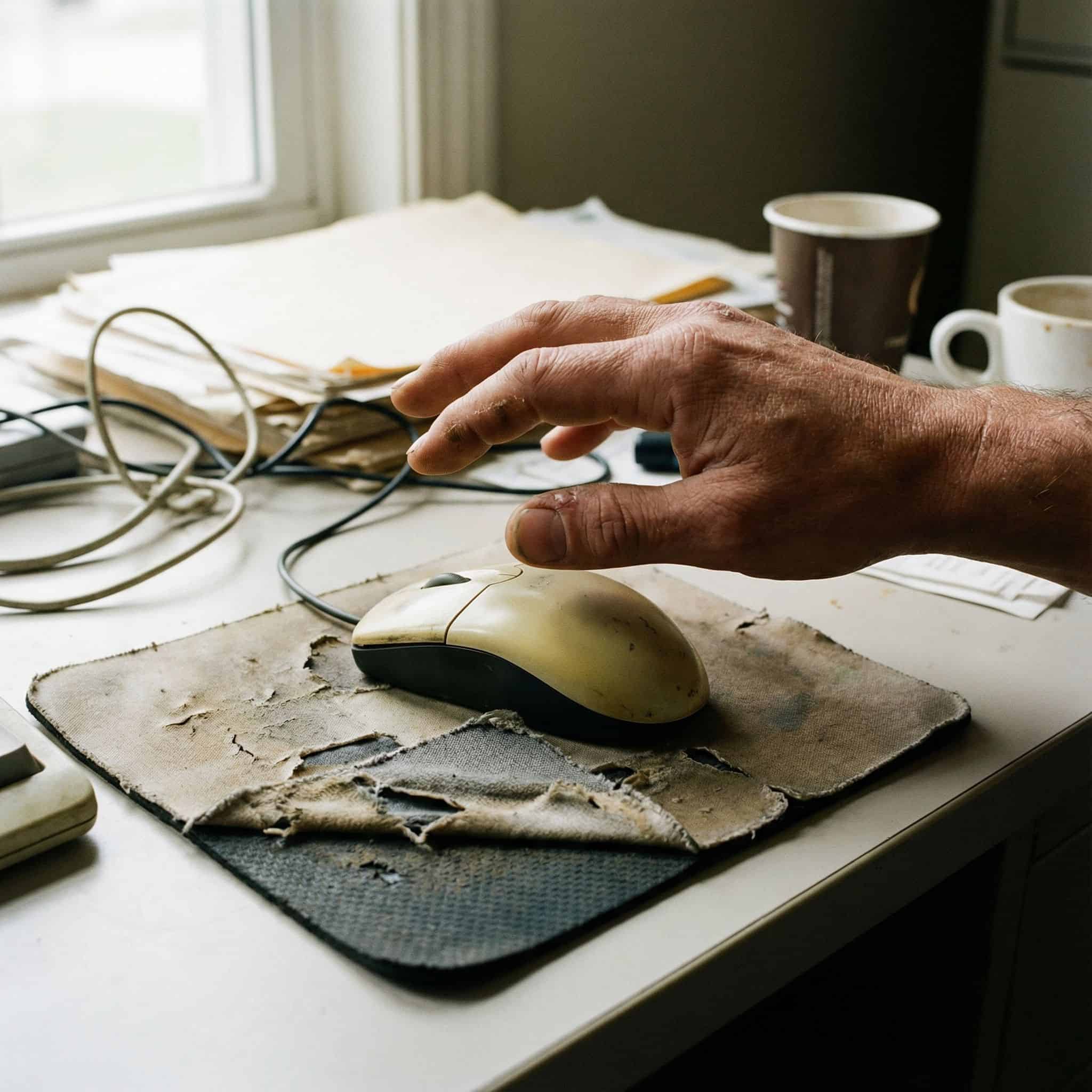 낡아서 헤진 마우스패드 위에 놓인 컴퓨터 마우스를, 망설이는 손이 살짝 내려와 있는 모습이다.