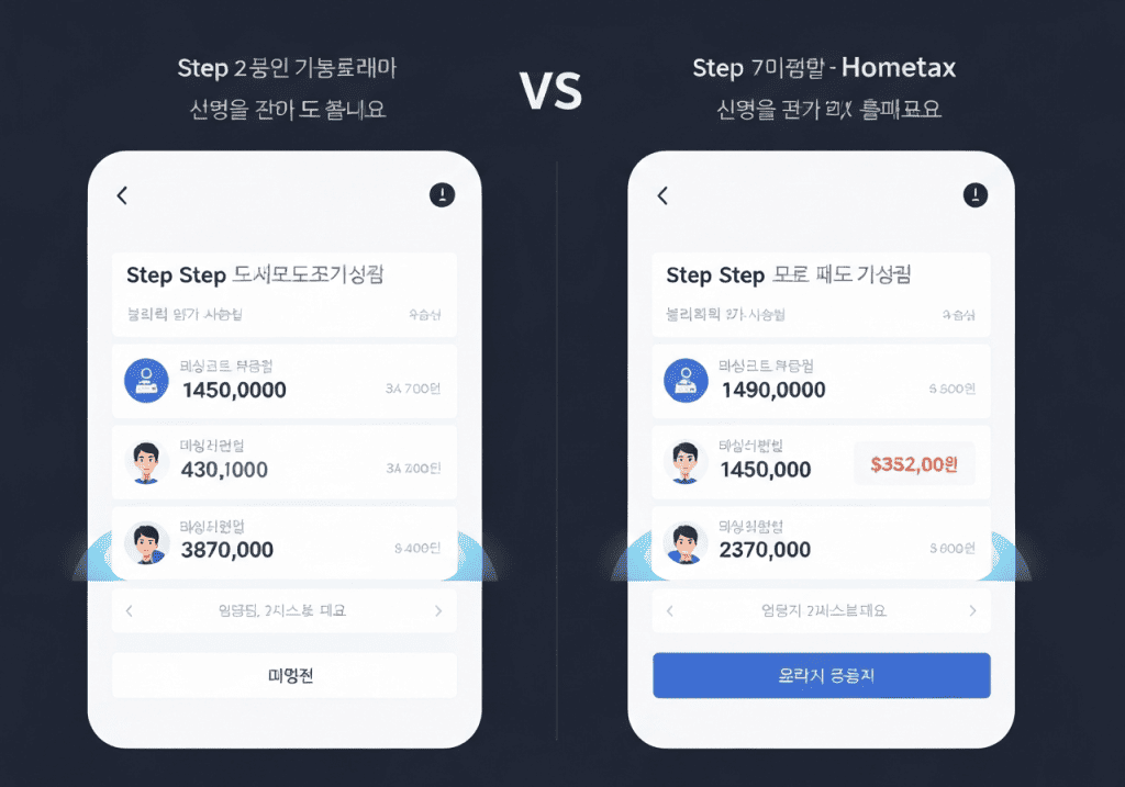 세금 환급 금액을 비교하는 두 단계형 화면이 ‘VS’ 형태로 나란히 배치된 UI