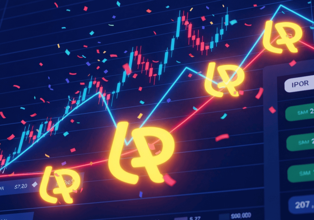 LP 토큰 아이콘과 함께 거래 차트가 상승하며 축하 효과가 더해진 디지털 금융 그래픽